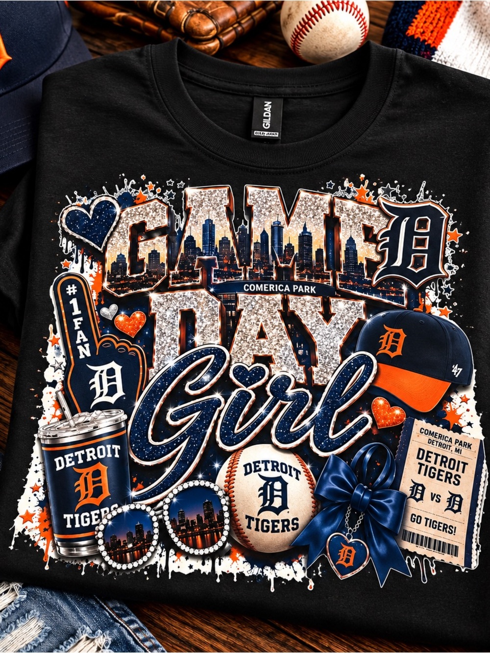 Gildan Black Detroit Tigers "Game Day Girl" Tee with Orange & Navy